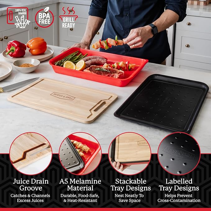 AVIEUS Grill Prep and Serving Trays | Set of 3 Stackable, Melamine Trays with Bamboo Cutting Board | Trays for Marinating, Serving & Chopping | Serving Platter for Plating Food & BBQ Prep Tub |