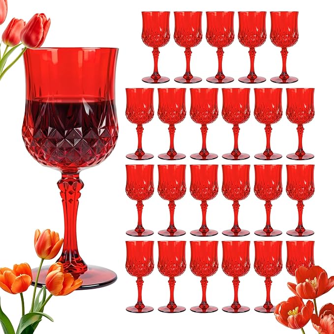 24Pack Plastic Wine Glasses, 7oz Vintage Goblets for Wedding | Unbreakable Crystal Style Reusable Stemware, Elegant Red Drinking Glass for Party Anniversary & Holiday Celebration