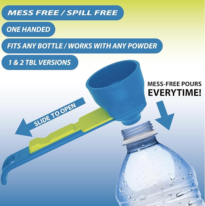 NEW VERSION: Slide Scoop the original measuring scoop + funnel No spill preparation of protein powder, workout & sports drinks, baby formula & kcup refill Mess & Spill free - (Set of 1 & 2 Tablespoon)