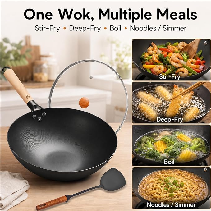 WANGYUANJI 12.6 Inch Carbon Steel Wok Pan with Glass Lid and Spatula, Nitrided Flat Bottom Wok Set, Uncoated Stir Fry Pan for 2-4 Servings, Gas, Electric, Ceramic and Induction Cooktops