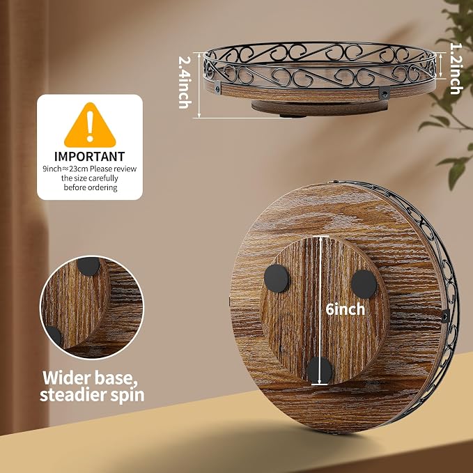 9'' Lazy Susan Turntable Organizer for Table Top, Wooden Lazy Susan Cabinet | Farmhouse Rotating Decor Tray for Dining Table, Pantry, Kitchen Countertop, Spice, Bathroom Vanity, Round Patterned Rim,Brown