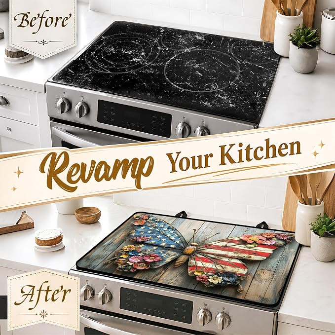 Patriotic Electric Stove Top Cover | Heat Resistant Glass Cooktop Protector for Kitchen Ceramic Countertops, Multiuse Stove Cover and Dish Drying Mat