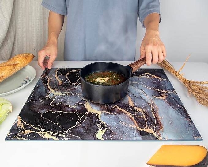 Glass Cutting Board 20”x16”: Tempered Glass Kitchen Counter Protector - Durable- Scratch-Resistant, Heat-Proof - Design 8 - Grey & Gold