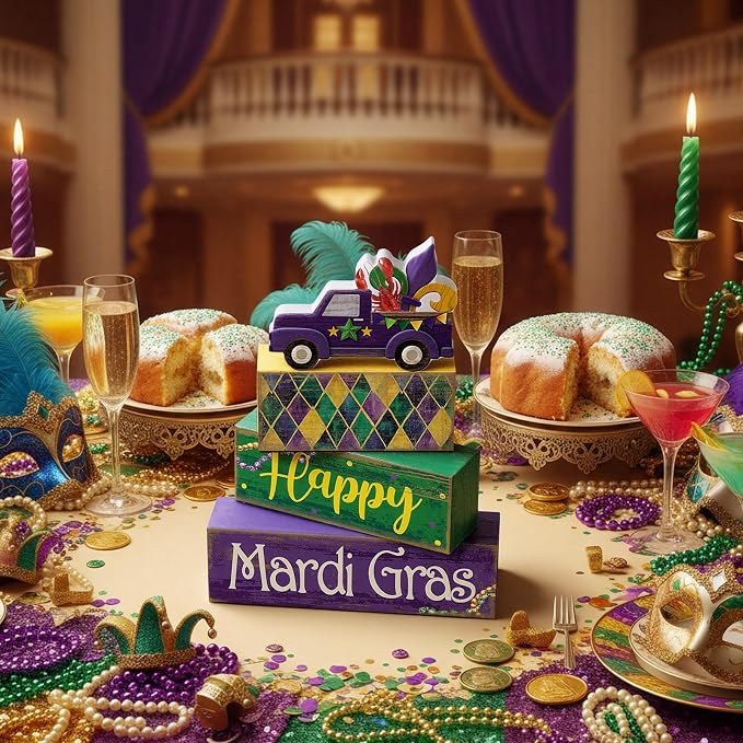Lineshading 4 Pcs Mardi Gras Tiered Tray Decor Wooden Blocks, Truck | Rustic Farmhouse Block Signs with Purple Green Gold, Happy Text and Fleur-de-lis, Stacked Table Centerpiece for Parties