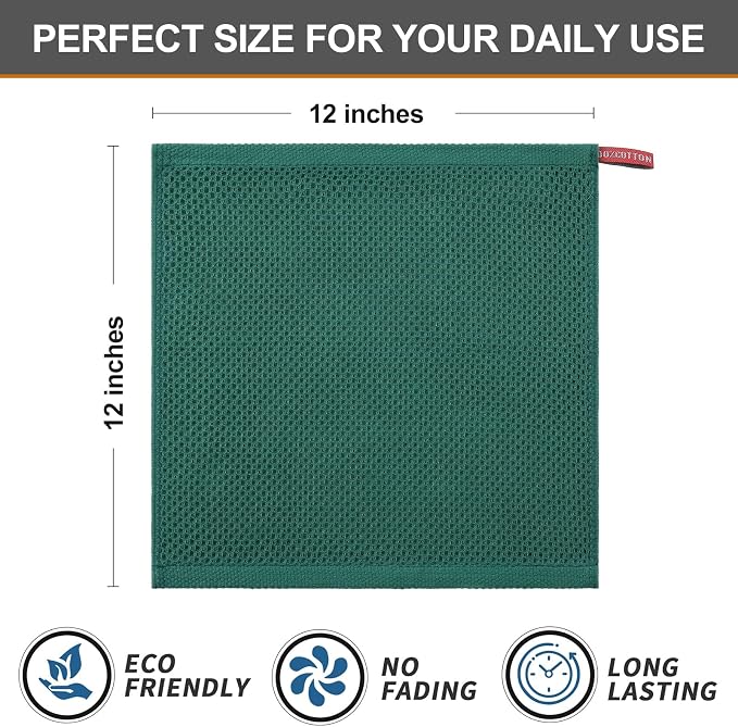 Kitinjoy 100% Cotton Waffle 8-Pack Kitchen Towels, 12" x 12", Dark Green | Ultra Absorbent, Super Soft, lightweight, Quick Drying Dish Rags for Washing Dishes