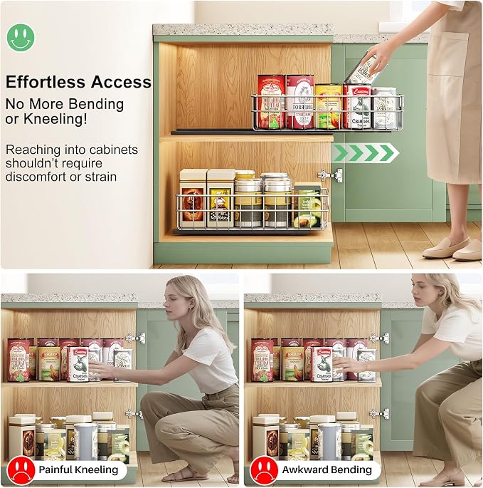 Pull out Cabinet Organizer, Stainless Steel 2-Pack (9.8"W x 16.5"D) Full-Extension Slide out Drawer, Adhesive Roll out Can Spice Storage Basket Shelf Rack for Pantry, Kitchen, Bathroom, Home Closet