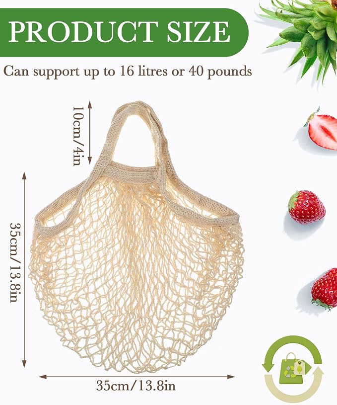 Eccliy 12 Pcs Reusable Mesh Grocery Bags Portable Cotton Produce Containers Washable Net Mesh Tote Bag Handle String Shopping(Beige)