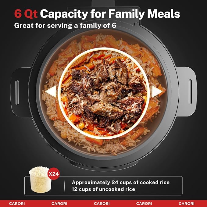 CARORI Electric Pressure Cooker 6 Quart Silver, Non-stick Pot, 9-in-1 Instant Pot, 12 Preset Functions with Touchscreen, Safe Steam Release, Stew, Slow Cook, Rice, Sauté, Warmer