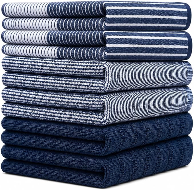 Premium Kitchen Towels 6 Pack 100% Cotton, 20"x28" Dish Towels - Navy Blue | Large Flat & Terry Kitchen Linen Set with Hanging Loops, Highly Absorbent for Washing and Drying Dishes