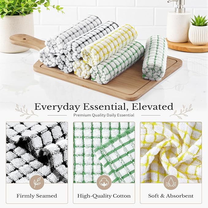 Homaxy 8 Pack Terry Kitchen Dish Cloths, 12"x12", Black/Grey/Green/Yellow | Super Soft and Absorbent Dish Rags, Quick Drying Reusable Dish Towels for Washing Dishes
