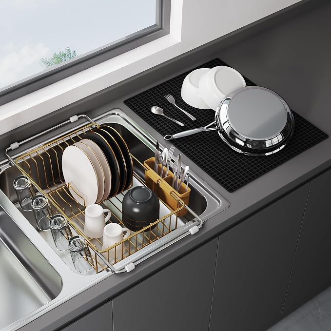 JASIWAY Gold Dish Drying Rack in Sink with Mat, Cups and Utensil Holder | Use Over the Sink or Counter, Stainless Steel Expandable Dish Drainer for Small Kitchen, Space Saving, Fast Drain, Rustproof