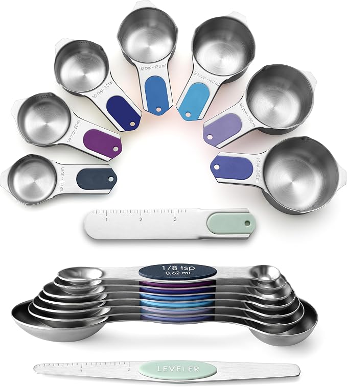 Spring Chef Magnetic Measuring Cups & Spoons Set of 15, Winter Frost | Patented Nesting Stainless Steel Measuring Cups & Heavy Duty Metal Measuring Spoons w/ Levelers for Dry & Liquid Ingredients