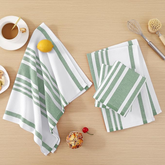 Homaxy Premium Cotton Stripe Kitchen Towels 8 Pack, 18"x 28", Grass Green | Large 380 GSM Kitchen Hand Towels, Soft Terry Dish Towels, Highly Absorbent Tea Towel Set with Hanging Loop
