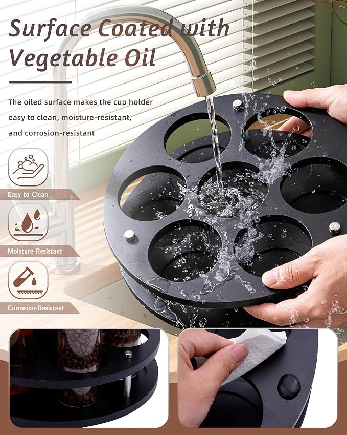 Rotating Wood Tumbler Organizer, 30 oz 40 oz Spinning Turnable Tumblers Holder, 360° Rotatable 7 Large Cups Bottle Tumbler Storage Display Stand, Rotate Syrup Organizer for Cabinet Countertop（Black）