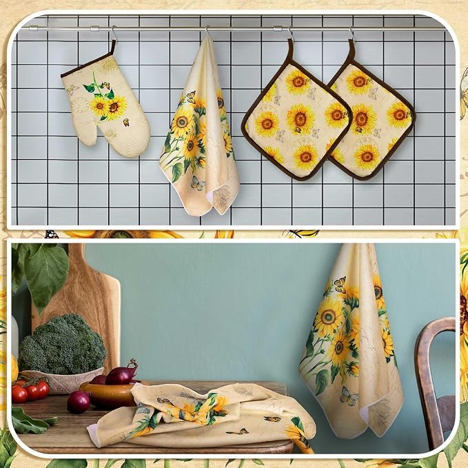 7 Pcs Sunflower Kitchen Linen Set Includes Apron 2 Towels Oven Mitt 2 Pot Holders Cottage core Kitchen Decor Gift