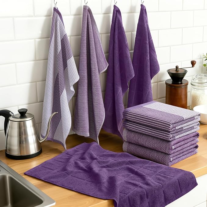 Homaxy 9 Pack Cotton Terry Premium Kitchen Towels, 18 x 28 in, Purple | Large 380 GSM Dish Towels, Highly Absorben Flat & Terry Kitchen Hand Towels, Soft Utility Tea Towel Set with Hanging Loop