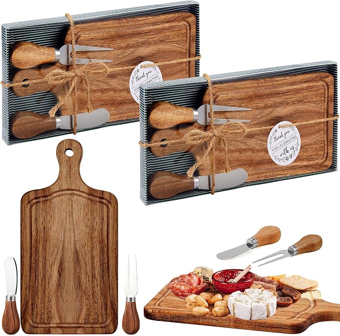2 Sets Bridal Shower Favor Prizes Charcuterie Board,Acacia Color | Acacia Wood Cheese Board with Knife Fork Thank You Tag, Gift Box for Guests, Valentines Wedding Baby Shower Party Favors