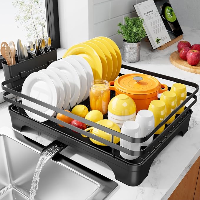 Kitsure Multi-Functional Dish Drying Rack, 15.7" x 12.0" x 5.5", Black | Dish Rack for Kitchen Counter with Cutlery Holder, Rust-Proof Drying Rack Kitchen, Kitchen Sink Organization