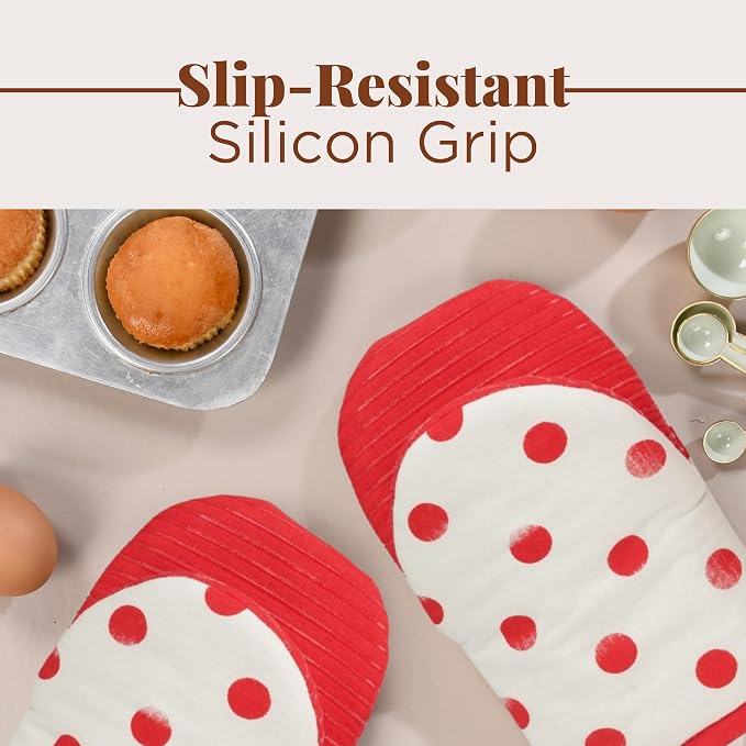 Folkulture Oven Mitts, Polka Red, Set of 2, Heat Resistant - (5.75"x9") | 100% Cotton, Non Slip, Silicone, Cute Mini Mits with Hanging Loop, Kitchen Décor, Cooking Gifts, New Home Essentials