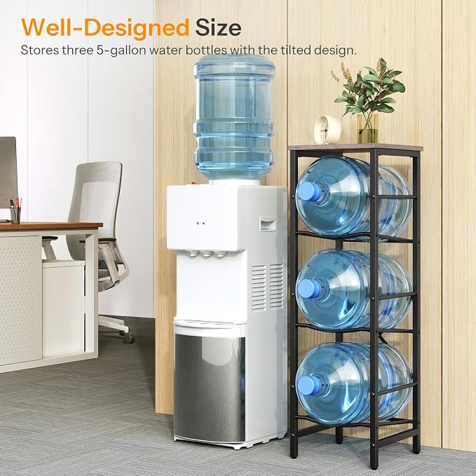 HOOBRO Water Jug Rack, Water Bottle Holder, 5 Gallon Water Jug Rack, 3-Tier Water Cooler Storage Rack, Water Dispenser Stand, for Kitchen, Living Room, Office, Greige and Black BG01ST01