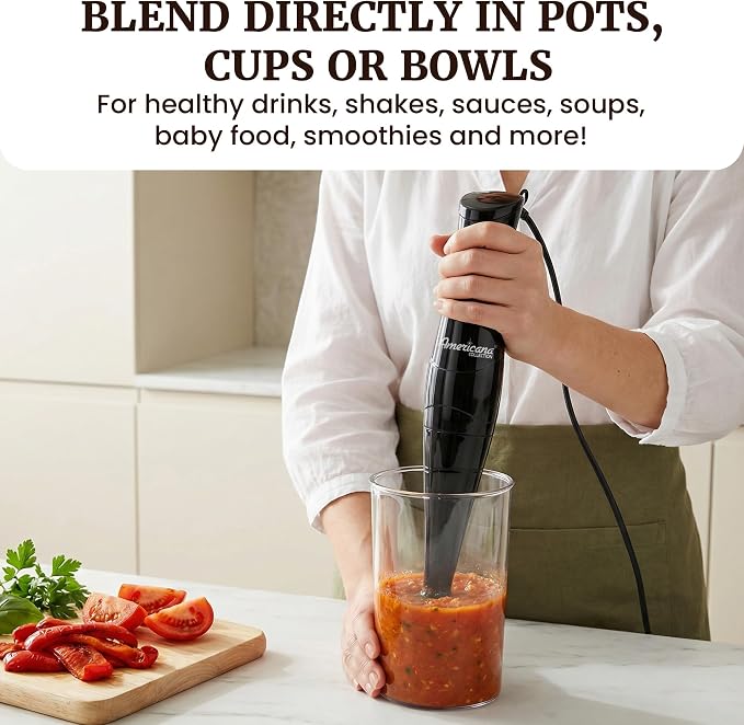 Elite Gourmet EHB2425B Immersion Hand Blender, 1-Touch, 150W, Black | Doubles as mixer and chopper for everyday cooking