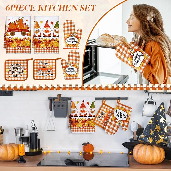 Leinuosen 6 Pack Thanksgiving Kitchen Set with 2 Gnome Dish Towels, 2 Maple Leaves Pot Holders and 2 Car Oven Mitts for Gifting, Baking, and Cooking Accessories