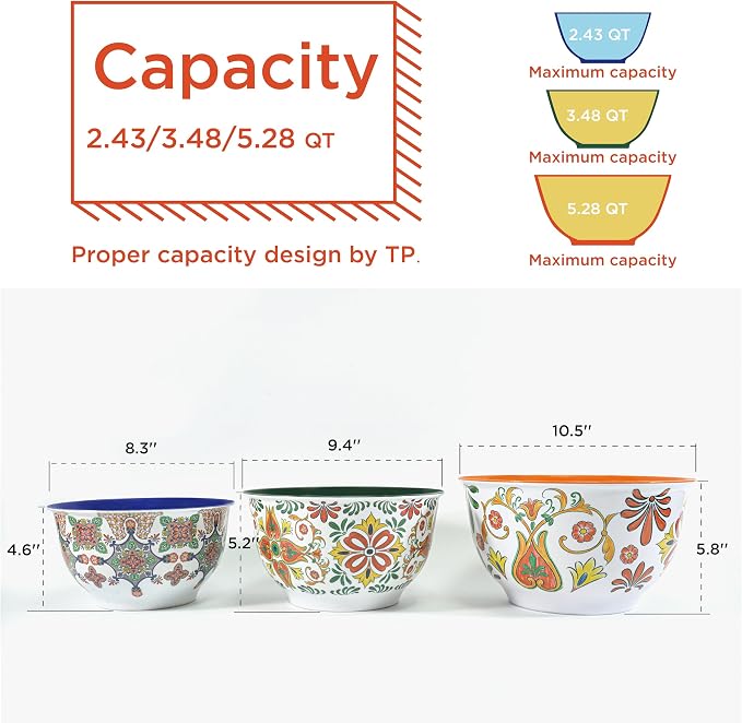 TP Melamine Mixing Bowl Set with Lids, Salad Bowl Set of 3, Aztec Bloom | Nesting Design,Break-resistant,Pasta & Salad Prep, Baking Prep, Space-saving Storage, Freezer Safe, Dishwasher Safe
