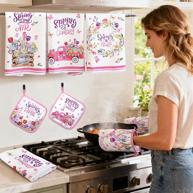 13 Pcs Hello Spring Kitchen Decor Set 3 Floral Kitchen Curtains Valance 2 Tulip Rugs and Mats 4 Spring Hand Towels 2 Paste Pot Holders 2 Oven Mitts for Home Decor Cooking Grilling Housewarming Gift