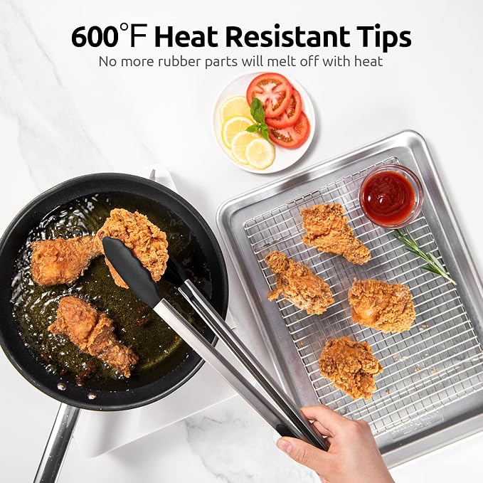 U-Taste Kitchen Tong for Cooking, 600ºF Heat-Resistant Silicone, 16in/Black | Extra Long BBQ Tongs, Large Tong for Grilling/Grabbing, Big Thong with Nonstick Silicone Tps & 18/8 Stainless Steel Handle
