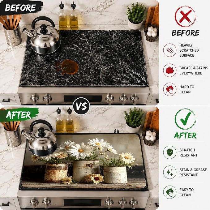 Electric Stove Top Cover for Glass Top, Daisy Birch Vase Floral – Heat Resistant Flat Stove Top Covers, Decorative Scratch Protector Mat for Glass Ceramic Cooktop, Non-Slip, 28"x20"