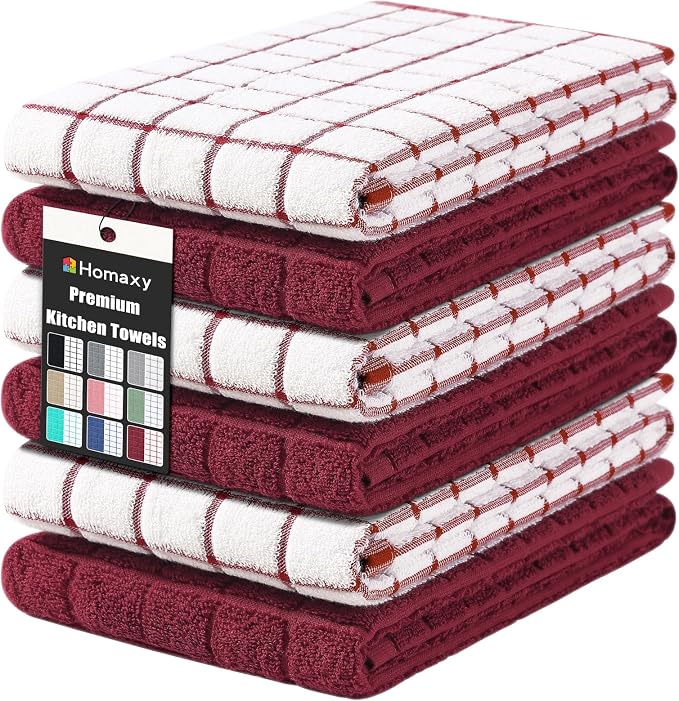Homaxy Large Premium Cotton Kitchen Towels 16"x 28", 6 Pack, Red | Natural Ring Spun 390 GSM Dish Towels, Super Absorbent Terry Kitchen Hand Towels, Soft Tea Towels with Hanging Loop