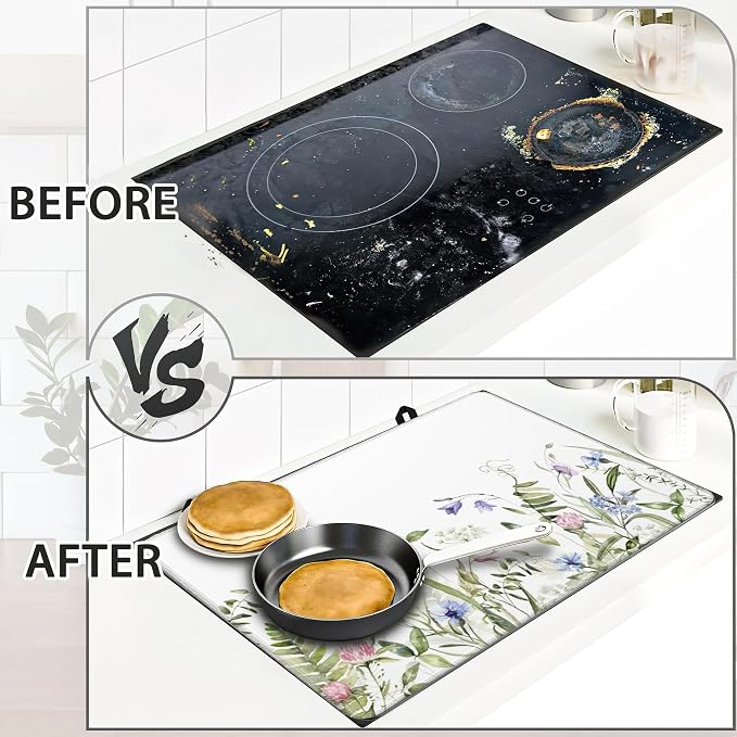 Electric Stove Top Cover Protector –Vintage Wild Flowers Glass Flat Top Stove Mat Oven Induction Cooktop Mat for Ceramic Countertop Mats Heat-Resistant Dish Drying Mat