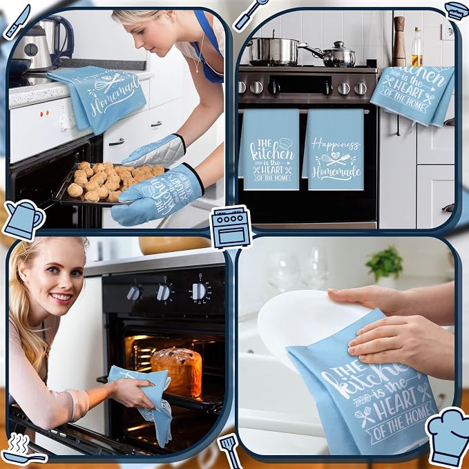 Sratte 6 Pcs Kitchen Decor Accessories Set, Kitchen, Light Blue | Farmhouse Kitchen Towels Pot Holders Oven Mitts Set 2 Dish Towels 2 Potholders 2 Cooking Mittens for Baking Cooking Supply