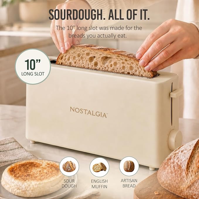 Nostalgia Slim 2-Slice Toaster – Wide Slot – Space-Saving Design – Adjustable Browning Dial – 10-inch Long Slot Fits 2 Slices of Bread or Bagel Halves – Drop-down Crumb Tray – Oatmeal