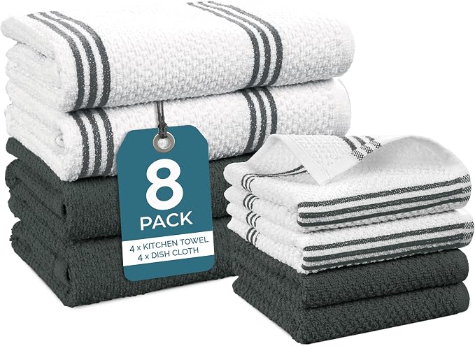 Casa Platino Kitchen Towel Set 8 Pc - 4 Dish Towels (16"x26") & 4 Dish Cloths for Washing Dishes (13"x13") - Absorbent Tea Towels, Quick Drying & Durable Cleaning Cloths, Easy Care Wash Rags - Grey.