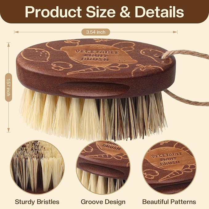 Vegetable and Fruit Cleaning Brush Scrubber Beechwood Handle Fruits Veggie Wash Brushes Potato Carrot Cucumber Mushrooms Washing Cleaner(Beige Brown, 1)
