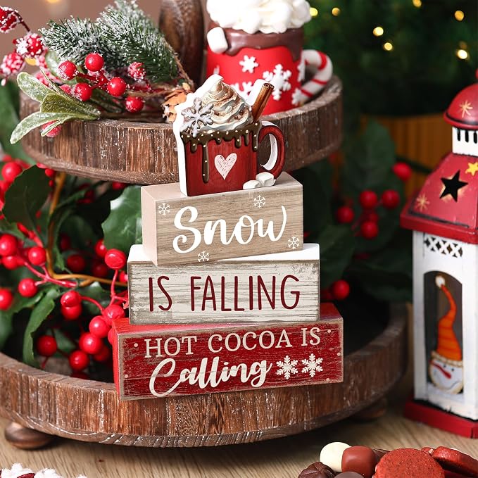 Lineshading 4 Pcs Winter Tiered Tray Set, Hot Cocoa Wood Block Signs | Rustic Farmhouse Decor for Christmas, Wooden Snow Theme Signs with Mug Topper, Layered Tabletop Display, Cozy Winter Accents