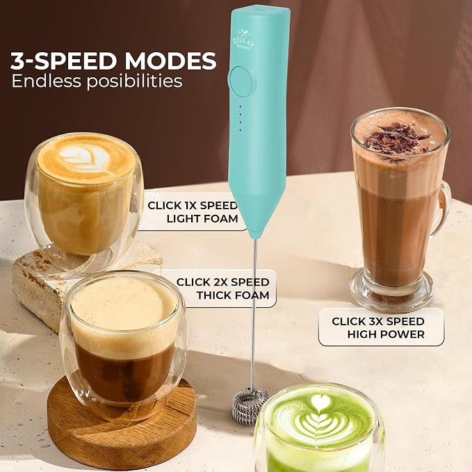 Zulay Kitchen Rechargeable Milk Frother Handheld - Frother Wand, Drink Mixer, Electric Whisk Frother, for Cappuccinos, Matcha & Protein Powder - Dynamic Triple Whisk, 3 Speed 500mAh Mint