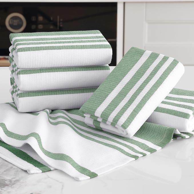 Homaxy Premium Cotton Stripe Kitchen Towels 3 Pack, 18"x 28", Grass Green | Large 380 GSM Kitchen Hand Towels, Soft Terry Dish Towels, Highly Absorbent Tea Towel Set with Hanging Loop