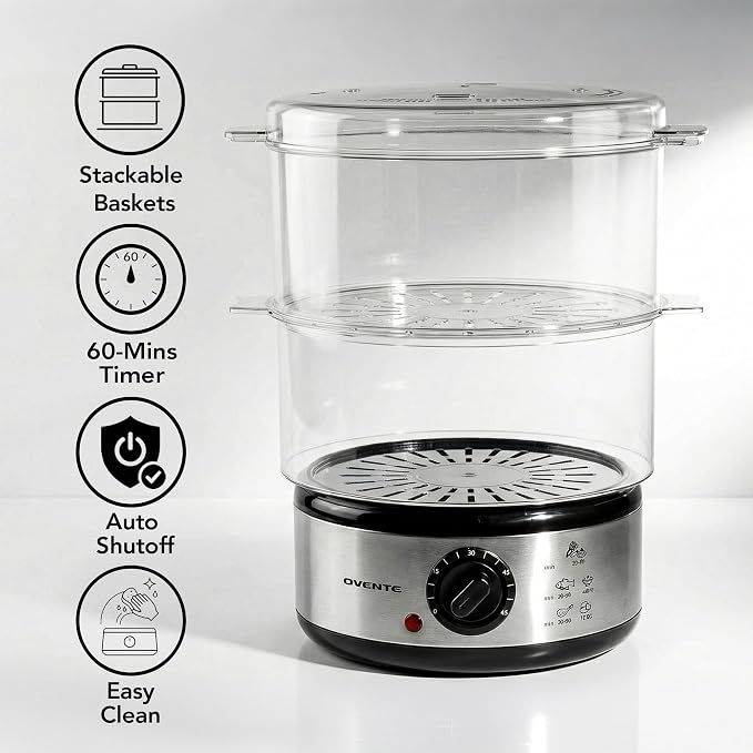 OVENTE 2-Tier Electric Food Steamer, 5 Qt Stainless Steel, Silver FS62S | Stackable Steam Cooker with 400W Power, 60-Minute Timer & Auto Shut-Off, Dishwasher Safe, Healthy Vegetables, Seafood & More