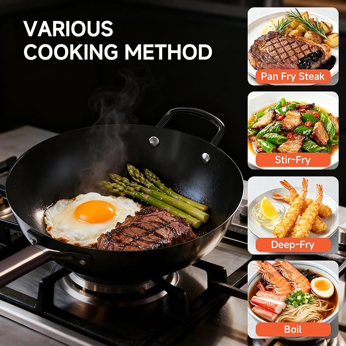 13.5" Carbon Steel Wok Pan - Pre-Seasoned Flat Bottom Woks & Stir-fry Pans Chinese Cookware with Lid & Spatula - For Pan-fry,Stir Fry, Steam, BBQ & Camping - Compatible with Induction, Gas