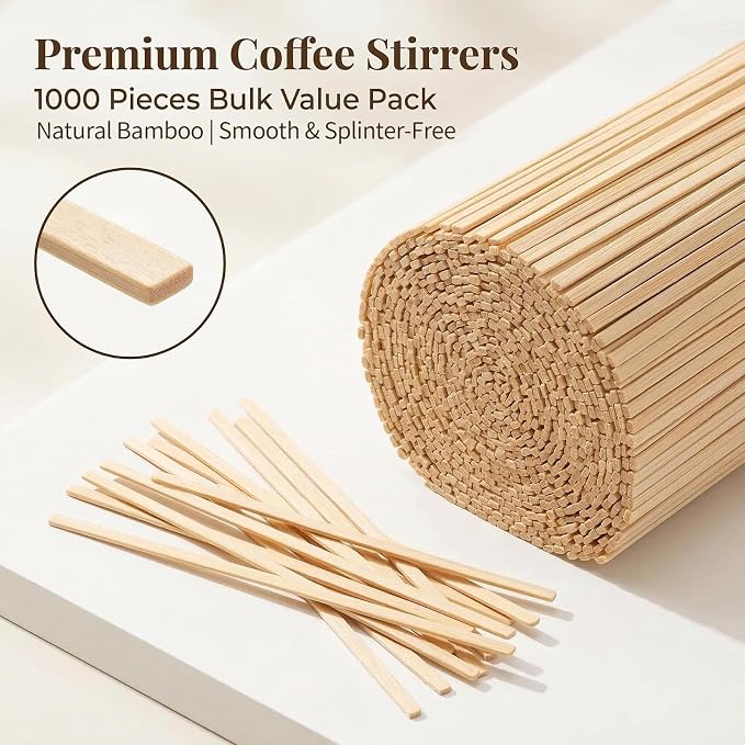 MAQIHAN 1000pcs Wooden Coffee Stirrers - Coffee Stir Sticks Disposable | Bamboo Swizzle Stick for Beverage, Coffee, Hot Chocolate, Milk, Juice, Cocktail, Party Drink Stirring, Coffee Bar Need, 5.5''