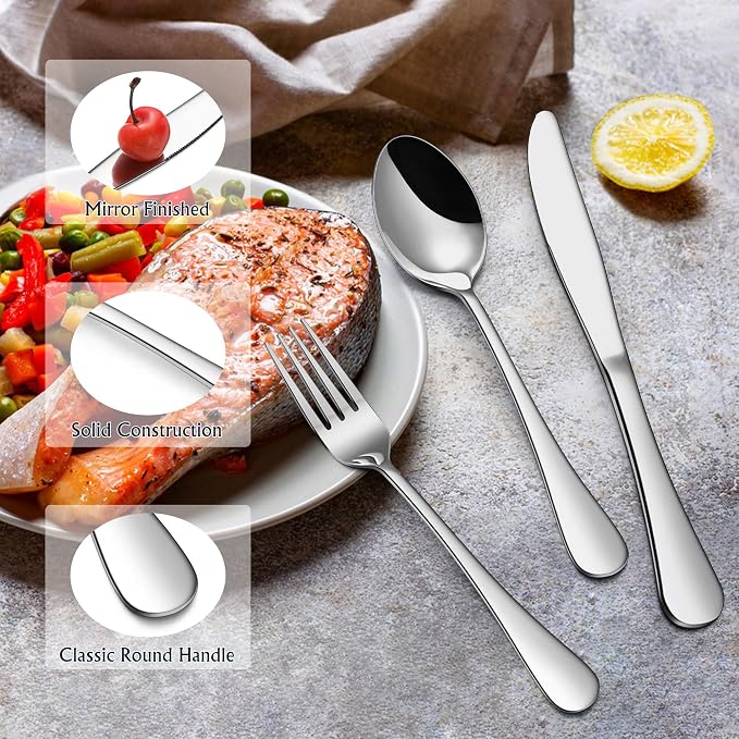 E-far Forks Spoons and Knives Set for 6, 18 Pieces Stainless Steel Silverware Set, Food Grade Flatware Cutlery Sets for Home Kitchen Restaurant, Mirror Finish, Dishwasher Safe