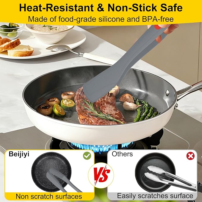 Beijiyi Silicone Kitchen Tongs for Cooking, 9" & 12", Heat Resistant (Gray) | BPA-Free Silicone Tip, Non-Stick Safe, Stainless Steel Core, Food Tongs for Cooking, Serving and Grilling, Dishwasher Safe