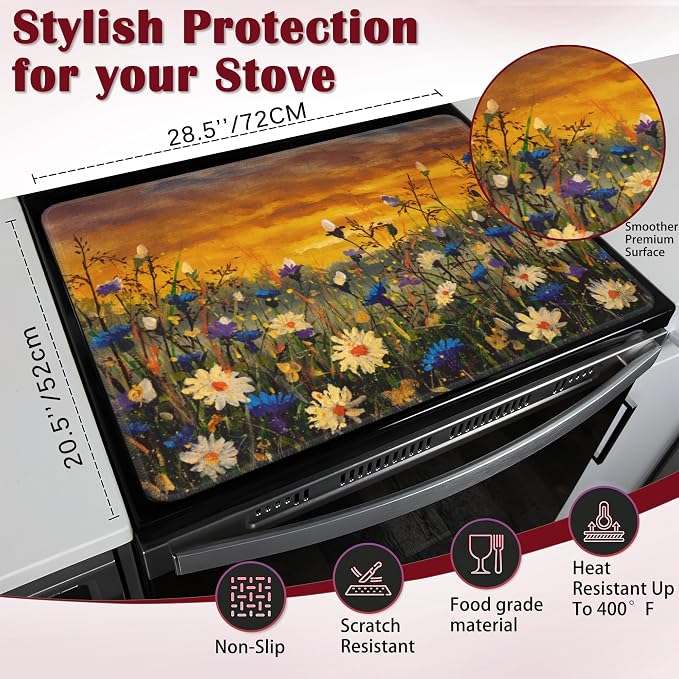 Electric Stove Top Cover Protector,Watercolor Daisies Flowers Glass Flat Top Stove Mat,Heat-Resistant Oven Induction Cooktop Mat for Ceramic Countertop Mats Dish Drying Mat