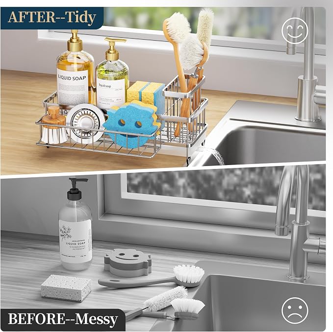 Consumest Sponge Holder for Kitchen Sink - Auto Draining Sink Caddy Organizer with Detachable Rack, High Brush Holder, Kitchen Countertop Storage Accessories, Silver-Extra Large
