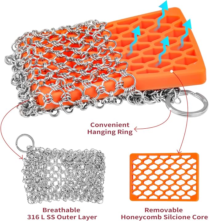 Herda 316L Cast Iron Scrubber Cleaner, Large Cast Iron Chain Mail Scrubber - Chainmail Scrubber Sponge - Metal Skillet Scrubbing, Wok, Dutch Oven Cleaning Kit-Detachable