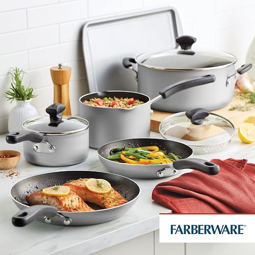 Farberware Cookstart Aluminum DiamondMax Nonstick Cookware Set, Kitchen Essentials, 5 Quarts, Silver