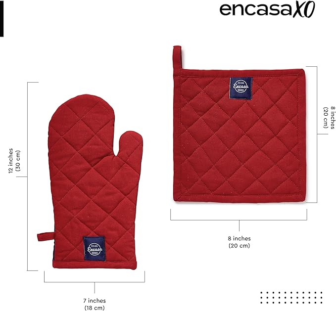 Encasa XO Oven Mitts and Pot Holders Set, Heat Resistant Cotton | Red, Diamond Quilted | Non-Slip Grip | Microwave & Oven Safe | Hanging Loop | Machine Washable | Set of 2