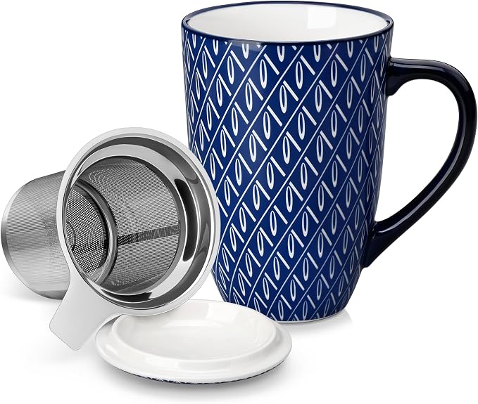 vancasso SELENE Porcelain Tea Mug, 18 oz Porcelain Tea Cup with Infuser and Lid Steeps Loose Leaf Tea, Microwave & Dishwasher Safe, Geometric Weave